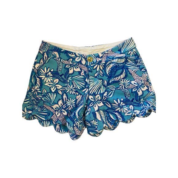 Lilly Pulitzer Women 2 Buttercup Knit Shorts Sound The Sirens Blue, White Flower - Picture 3 of 10